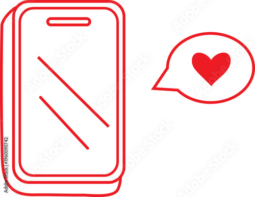 Smartphone with Heart Message Bubble Icon and Red Outline Minimalist Design