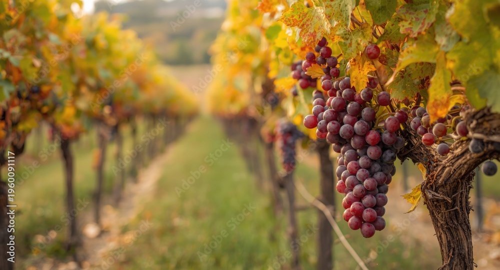 Fototapeta premium Red grenache grapes being harvested during vibrant autumn season in vineyard