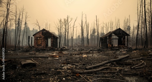 Blackened house structures ...