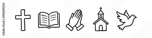 Set of hand-drawn Christian religious icons including a cross, holy bible, praying hands, church, and peace dove. Minimalist black line art doodles for faith and spiritual concepts.