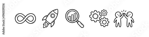 Hand-drawn doodle business icons featuring an infinity symbol, rocket launch, data analysis, gears, and a high-five for teamwork. Minimalist black line art on a white background.