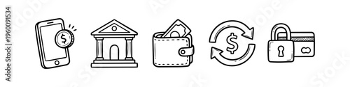 Hand-drawn banking and finance icon set. Features mobile payment, bank building, wallet, money exchange, and secure credit card icons in a doodle sketch style, ideal for financial presentations.