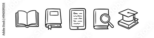 Set of hand-drawn black and white education icons. Includes open and closed books, an e-reader, magnifying glass, and graduation cap. Ideal for library, study, and learning-related designs.