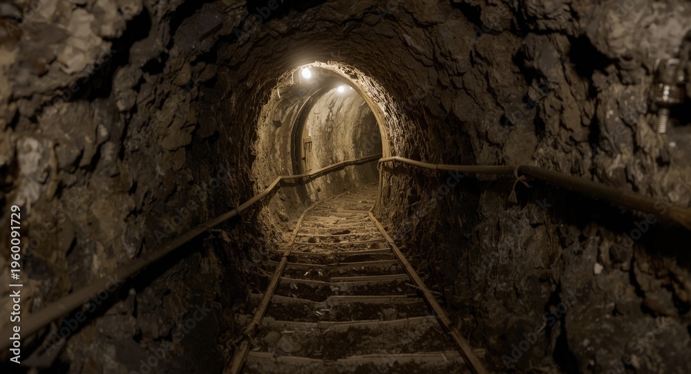Fototapeta premium Mining professional descending a steep underground corridor with copyspace included