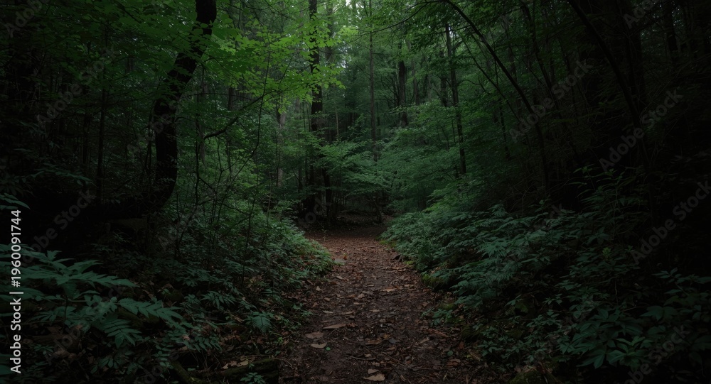 Obraz premium hidden trail through deep forest with limited light