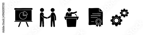 Set of black business and professional development icons including a pie chart presentation, handshake, public speaker, certificate, and gears. Minimalist silhouette symbols for corporate use.