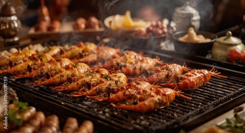 Seafood sizzling on grill s...