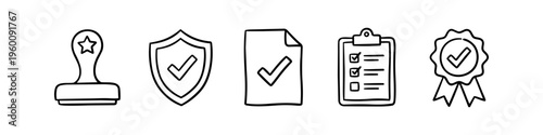 Hand-drawn doodle icons for quality control, verification, and approval. Set includes a rubber stamp, shield, checkmark document, checklist clipboard, and award badge in black line art style.