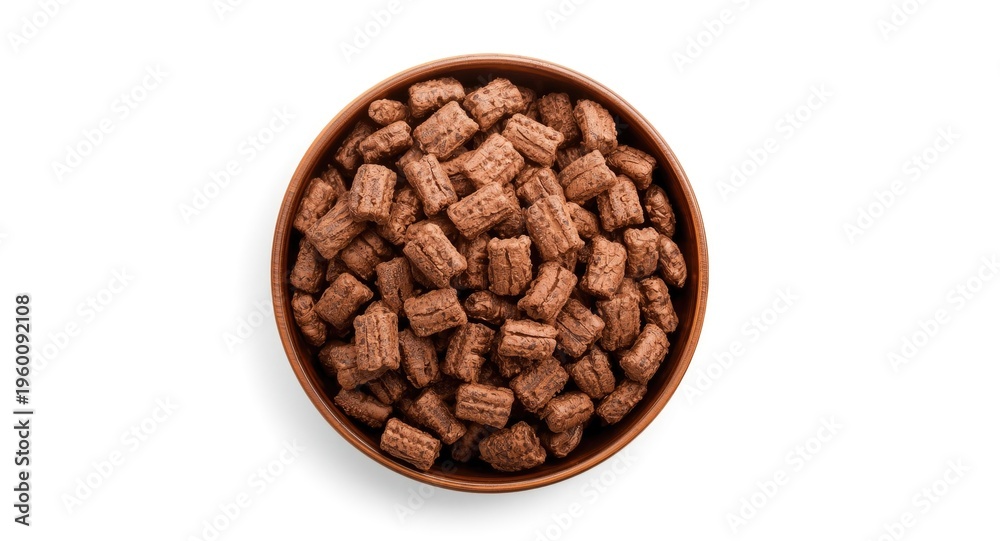Fototapeta premium Rustic bowl filled with chocolate cereal pads against white background