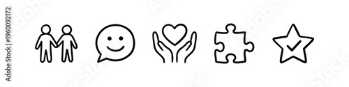 Minimalist line icon set featuring themes of community, happiness, care, solutions, and success. Versatile vector outline symbols for social impact, teamwork, and positive communication.