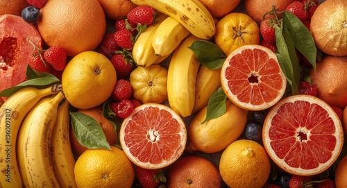 Oil artwork showing a vibrant collection of fresh fruits including bananas and grapefruits