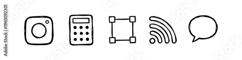 Hand-drawn set of five minimalist doodle icons featuring a camera, calculator, selection tool, Wi-Fi signal, and speech bubble. Black line art on white background for web and app design projects.