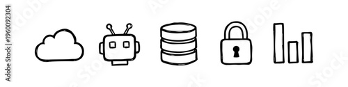 Hand-drawn technology icon set featuring cloud, robot, database, lock, and bar chart in a minimalist doodle style. Perfect for tech, data, security, and AI business concepts.
