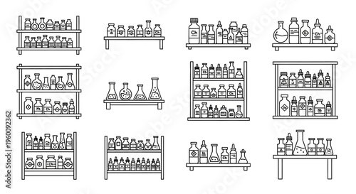 Laboratory glassware on shelves neatly organized.