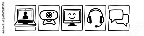 Hand-drawn icons set representing video conferencing, online communication, and remote work, including laptop, webcam, monitor with smiley face, headset, and speech bubbles.