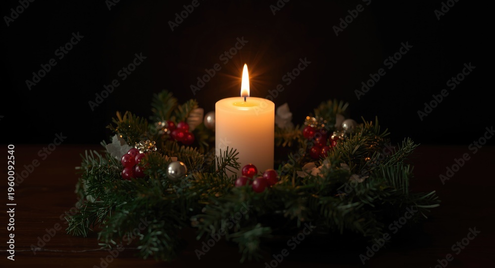 Fototapeta premium Festive Advent wreath featuring a single glowing candle on first Advent