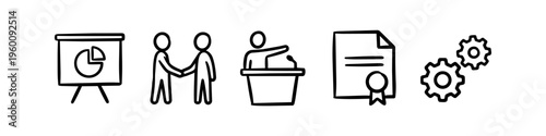 Hand-drawn business and education doodle icon set featuring a presentation board, handshake agreement, public speaker at a podium, certificate document, and interlocking process gears.