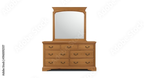 American oak dresser crafted from solid wood with mirror and four roomy drawers isolated on white
