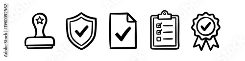 Hand-drawn quality assurance icon set featuring a stamp, shield, document, checklist, and award seal. Minimalist black ink doodle style for business verification and certification concepts.