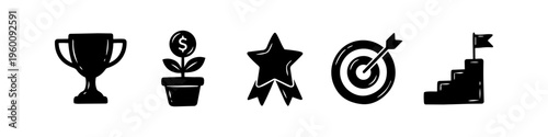 Set of business success and achievement icons featuring a trophy, dollar plant, star award, target bullseye, and stairs with a goal flag. Minimalist black vector graphics on white background.