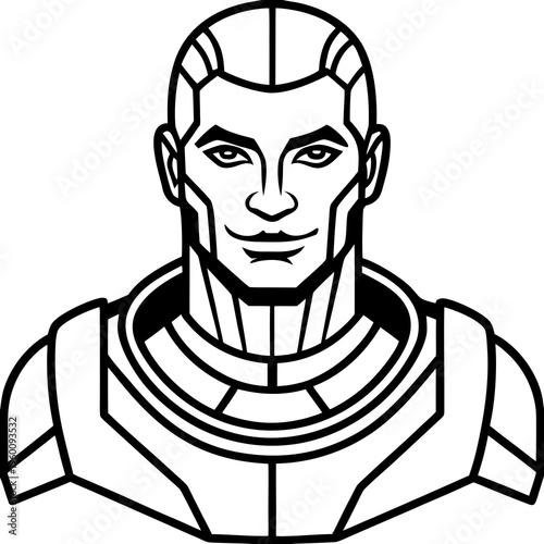 3D cyborg avatar, futuristic style, vector illustration, black and white design