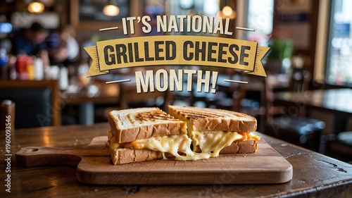 National Grilled Cheese Month Food Photography with Toasted Melted Sandwich on Wooden Board in a Cozy Restaurant Setting