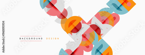 Abstract geometric shapes overlap, creating dynamic visual texture. Soft colors blend with clean lines, modern design aesthetic.