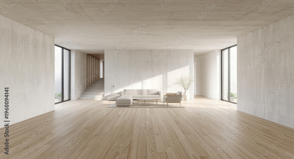Obraz premium Neutral toned interior template featuring white concrete walls and light wooden planks