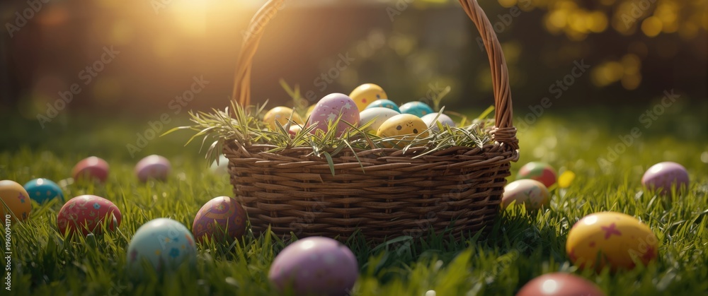 Obraz premium Family Easter fun with basket full of eggs and joyous egg hunt