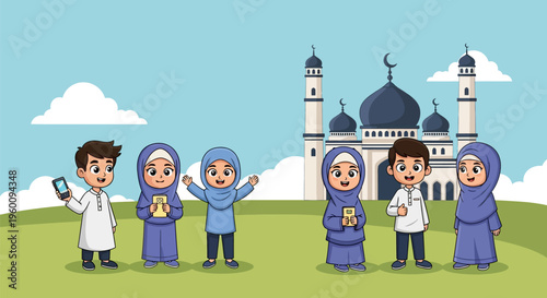Happy Muslim children in traditional clothes standing in front of a mosque, celebrating Eid al-Fitr or Ramadan