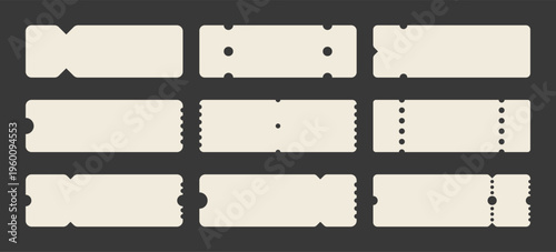 Set of white blank tickets mockup. Empty flat template Tickets. For cinema, sale coupon, circus, theater, festival. Minimalist coupons set. Isolated background