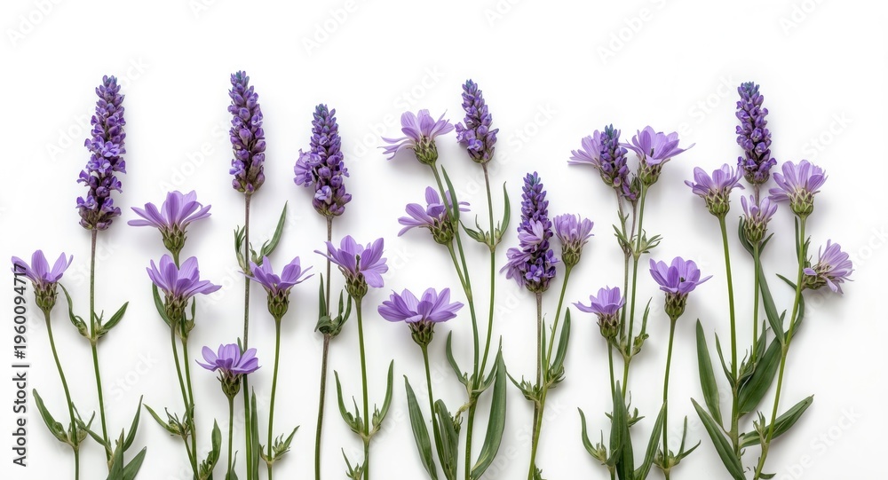 Fototapeta premium Purple blooms with lavender and green stems featuring varied petal shapes on white backdrop