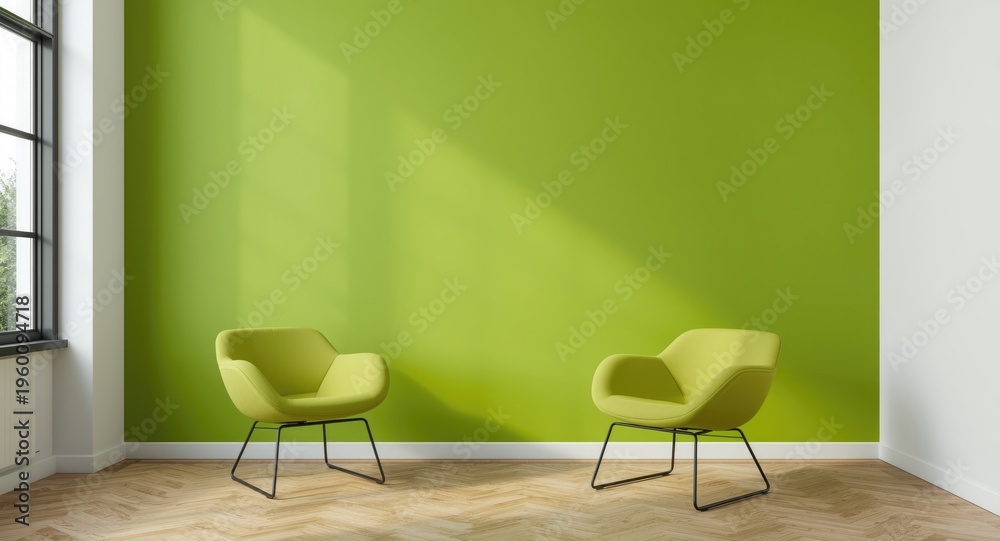 Fototapeta premium Simple modern room with lime green chairs and a striking bright green wall surface