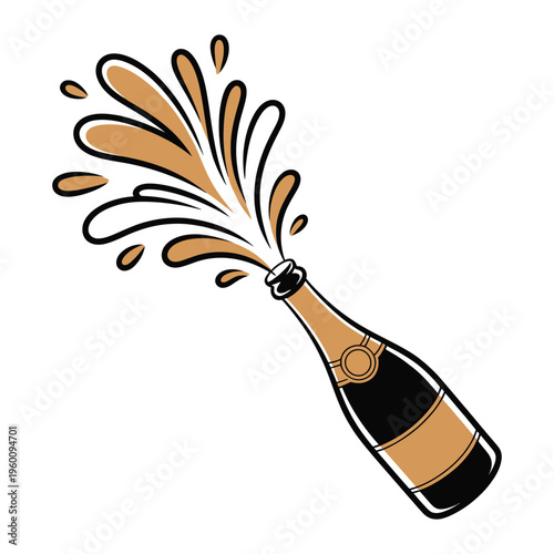 A bottle of champagne erupts with a splash of liquid.