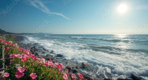 Calm shoreline scene with v...