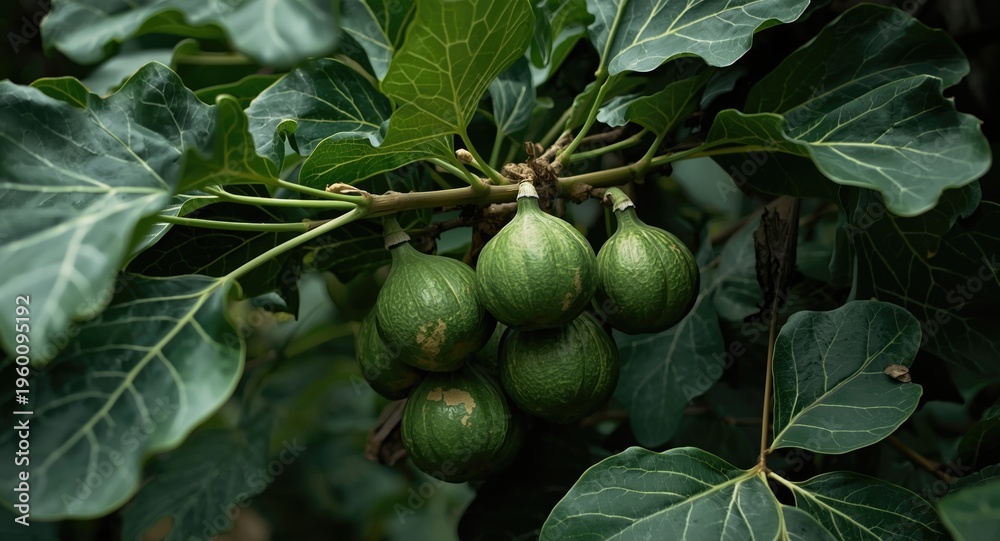 Fototapeta premium Fiddle leaf fig branch featuring fruit growth and thick leafy environment