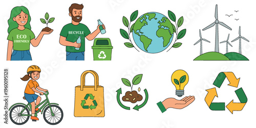 Ecology and environment protection vector icon set. Collection of symbols for green energy, recycling, and sustainable world in flat style.