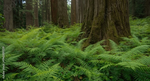 Dense fern foliage flourishing beneath towering venerable trees in a safe forest area