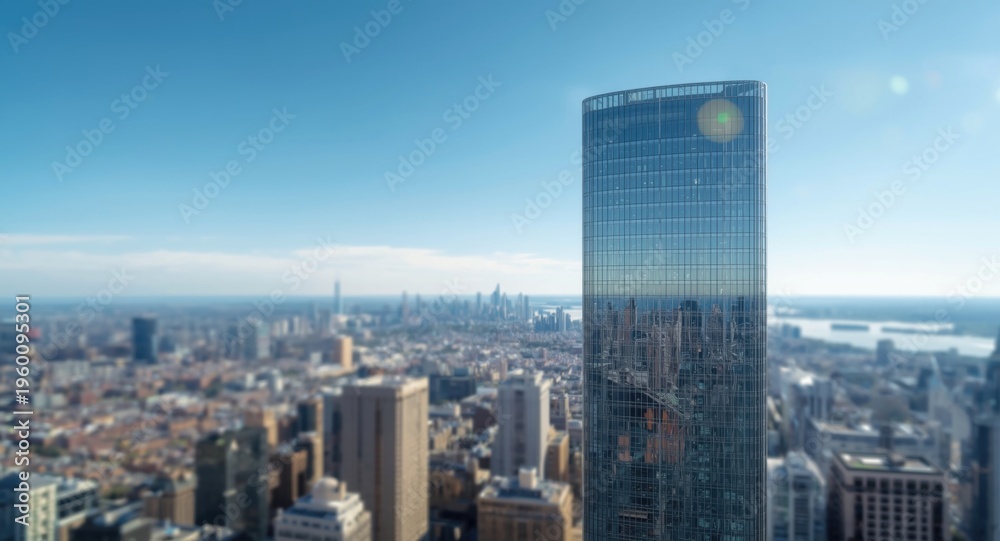 Fototapeta premium Sleek skyscraper showcasing numerous windows against city skyline backdrop