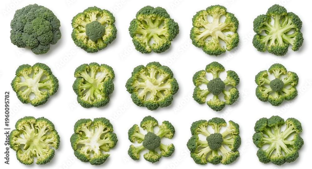 Fototapeta premium Broccoli segments creatively positioned in diverse circular and squared formations isolated on white background