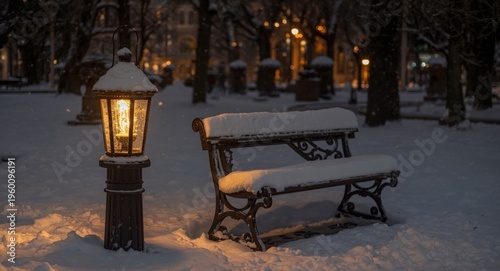Glowing lantern next to sno...