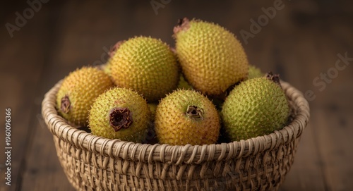 Fresh green lychees contained within a textured woven rattan container