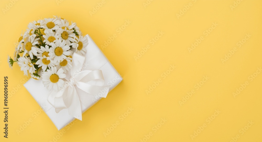 Naklejka premium Birthday and Mother's Day concept featuring overhead view of white ribbon gift and chamomile bouquet on yellow background