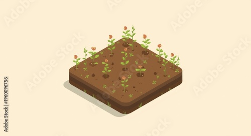 Small scale farm illustration featuring lonely plants on soil island