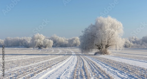 Fields covered in snow with...