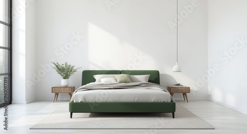 Green queen bed in a minima...