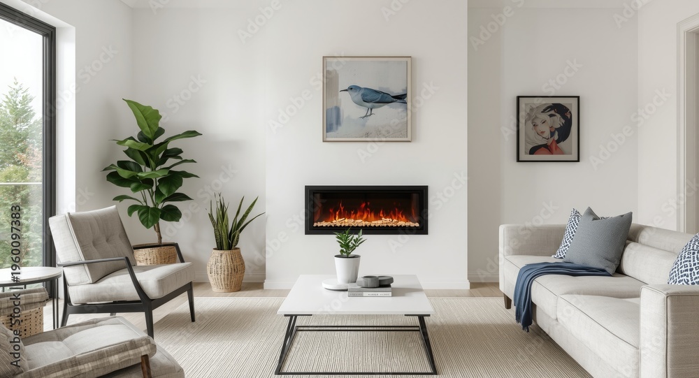 Obraz premium Bright and modern living space with an electric fireplace and coordinated decoration
