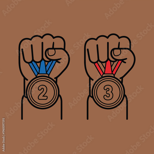 Two fists hold medals for second and third place in a competition.
