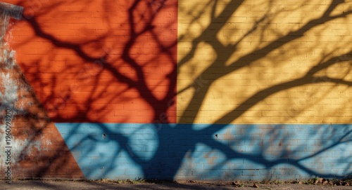 Outdoor urban wall with vibrant colors and detailed artistic tree shadow