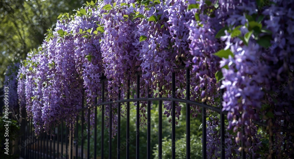 Obraz premium Flowing wisteria blossoms enveloping a wrought iron fence in a lush garden atmosphere